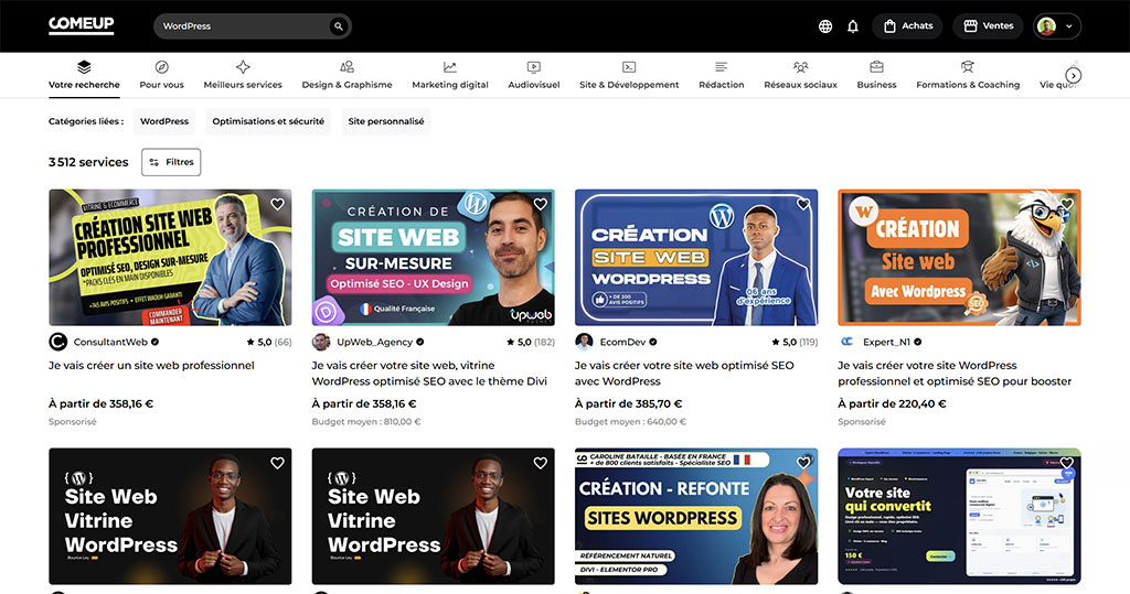 Capture d’écran ComeUp WordPress avec services de création de site et prestataires freelance analysés par schoolsWP en 2026