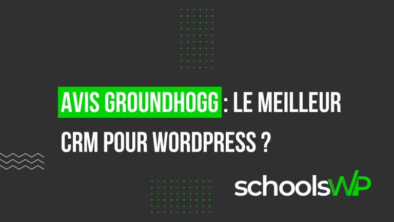 Visuel schoolsWP Groundhogg avis 2026 sur fond sombre présentant un CRM WordPress auto-hébergé avec données souveraines.