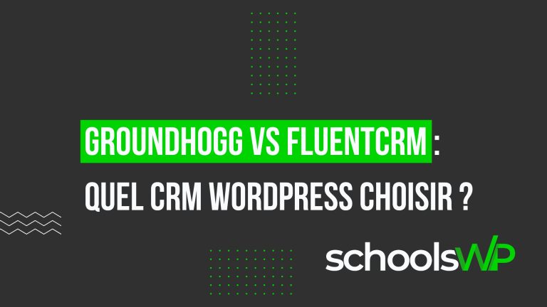 Visuel schoolsWP comparant Groundhogg vs FluentCRM, deux CRM WordPress auto-hébergés, pour choisir le bon outil en 2026.