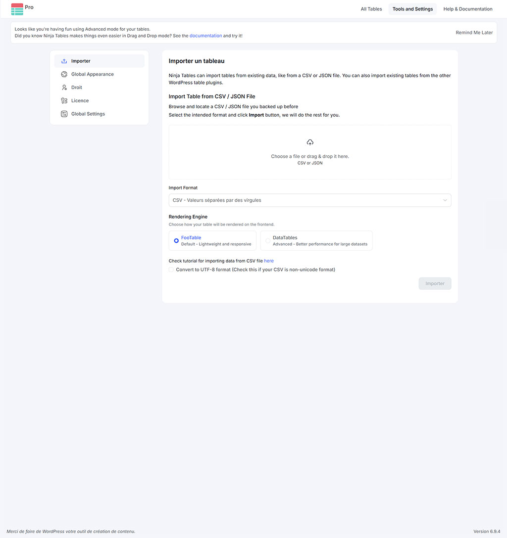 Screenshot von Ninja Tables Pro mit CSV-Import und DataTables-Engine zur Erstellung einer schnellen WordPress-Tabelle auf schoolsWP