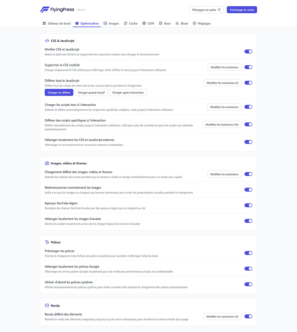 Panneau Optimisation FlyingPress : CSS, JavaScript différé, lazy load et polices, test plugin cache WordPress schoolsWP 2026