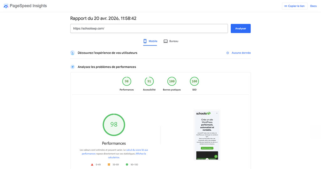 Score PageSpeed Insights mobile 98 sur schoolswp.com avec FlyingPress, test plugin performance WordPress par schoolsWP 2026