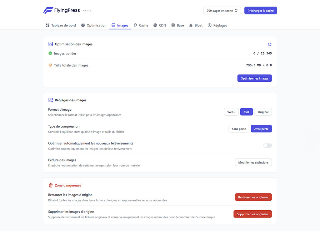 Panel Images de FlyingPress : 26345 images à convertir en AVIF avec perte, test du plugin cache WordPress schoolsWP 2026