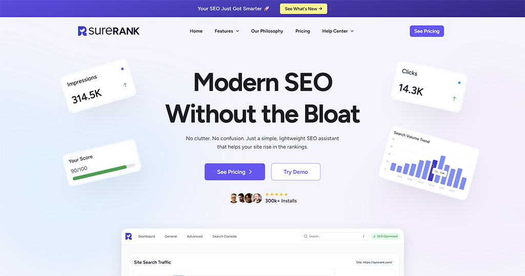 Visuel page officielle SureRank plugin SEO WordPress gratuit montrant présentation simple et légère pour optimiser le référencement