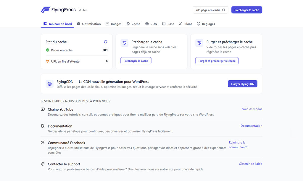 Tableau de bord FlyingPress avec 709 pages en cache et préchargement, test plugin performance WordPress par schoolsWP 2026