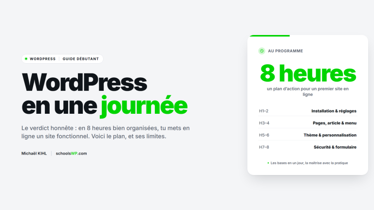 Guide schoolsWP pour apprendre WordPress en une journée, plan d'action en 8 heures pour débutant