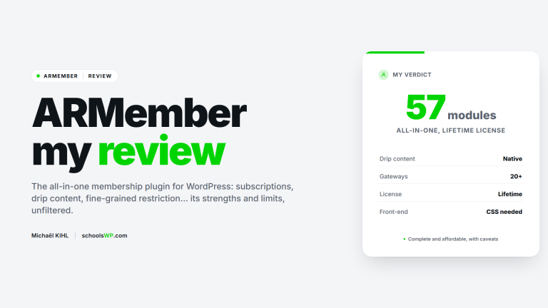 schoolsWP visual ARMember review: all-in-one WordPress membership plugin, native drip content, lifetime license, strengths and limits.
