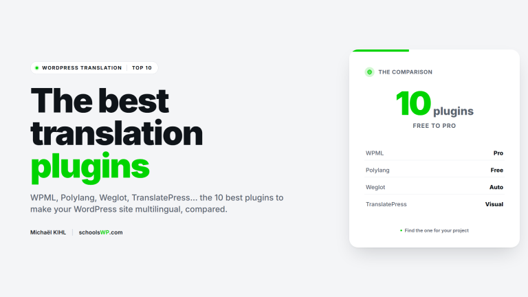 schoolsWP visual: the 10 best WordPress translation plugins compared (WPML, Polylang, Weglot, TranslatePress) for a multilingual site.