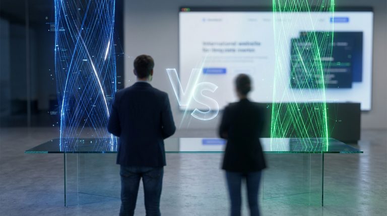 Deux personnes observent des projections holographiques bleues et vertes devant un écran représentant un comparatif de CRM.
