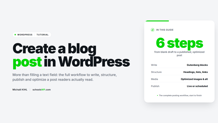 schoolsWP tutorial on creating a blog post in WordPress, the complete posting workflow from draft to publish