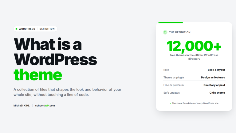 schoolsWP guide defining a WordPress theme, the visual foundation of every WordPress site