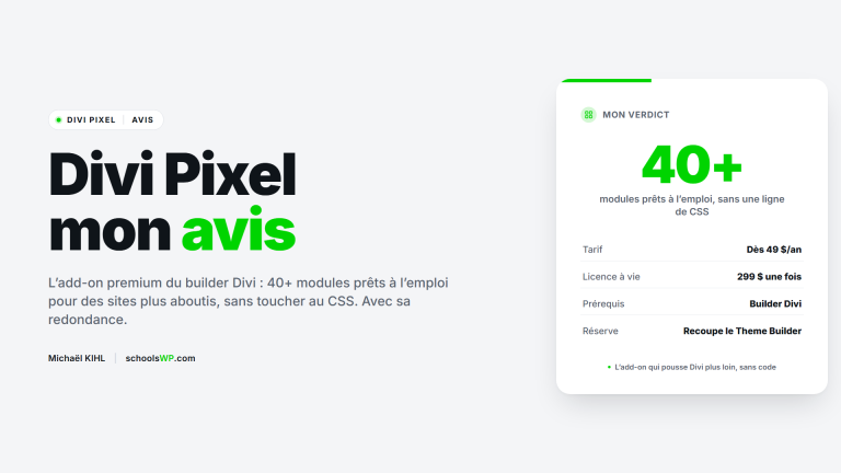 Avis Divi Pixel schoolsWP, add-on du builder Divi avec 40+ modules sans CSS