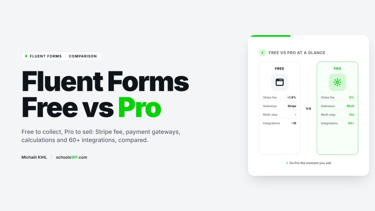 schoolsWP visual Fluent Forms Free vs Pro: Stripe fee, payment gateways, calculations and 60+ integrations compared.