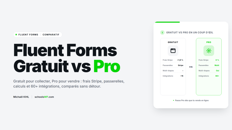 Visuel schoolsWP Fluent Forms gratuit vs Pro : frais Stripe, passerelles de paiement, calculs et 60+ intégrations comparés.