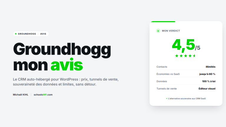 Visuel schoolsWP Groundhogg avis : CRM WordPress auto-héberge, contacts illimités et données souveraines, noté 4,5 sur 5.