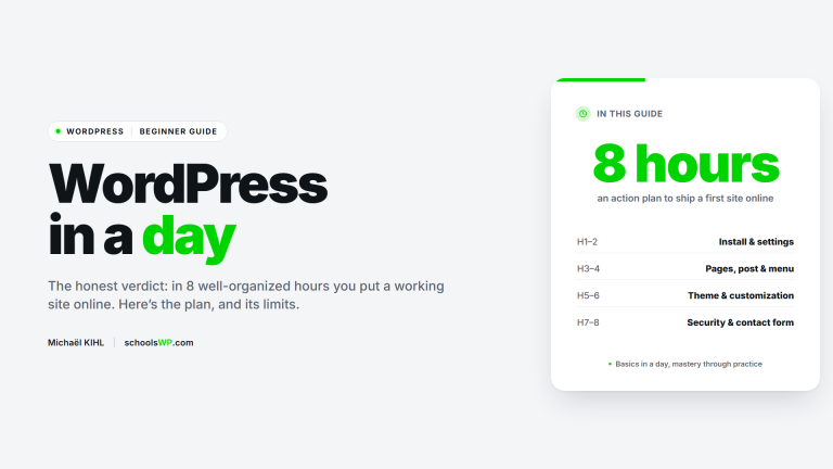 schoolsWP guide to learning WordPress in a day, an 8-hour beginner action plan