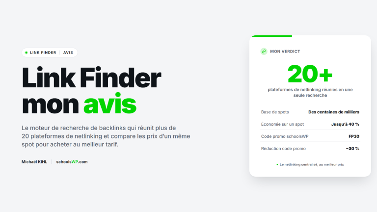 Avis Link Finder schoolsWP, moteur de recherche de backlinks qui centralise plus de 20 plateformes de netlinking