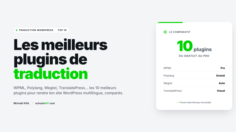 Visuel schoolsWP : top 10 des meilleurs plugins de traduction WordPress comparés (WPML, Polylang, Weglot, TranslatePress) pour un site multilingue.