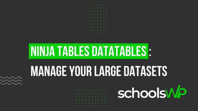 Ninja Tables DataTables article visual by schoolsWP for managing large WordPress datasets and searchable tables much faster.