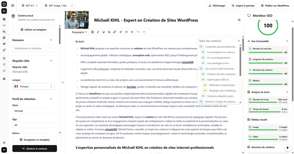 Interface Otomatic AI dans WordPress pour automatiser la rédaction SEO et optimiser un article schoolsWP avec l’IA.