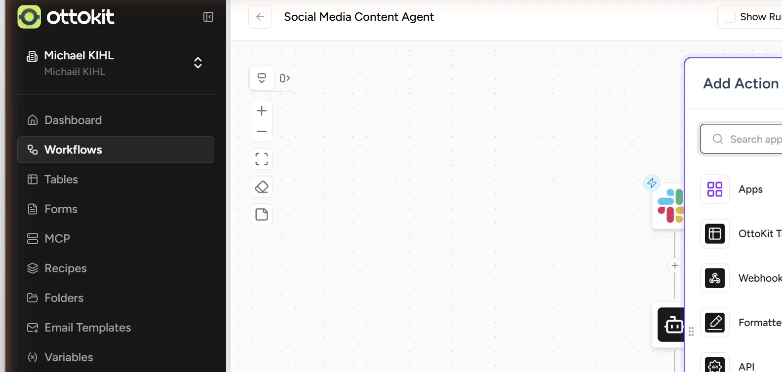 ottokit ajout action workflow Panneau d'ajout d'action dans l'éditeur OttoKit avec les options Apps, OttoKit Tables, Webhook, Formatter et API
