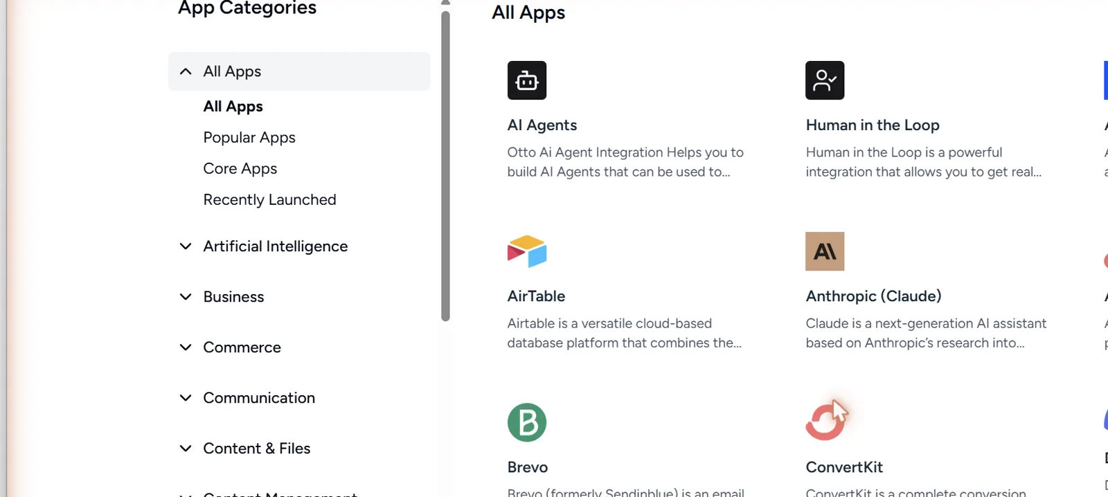 ottokit bibliotheque integrations Bibliothèque d'intégrations OttoKit avec les catégories d'applications IA, Business, Commerce et des apps comme Airtable, Brevo et Claude