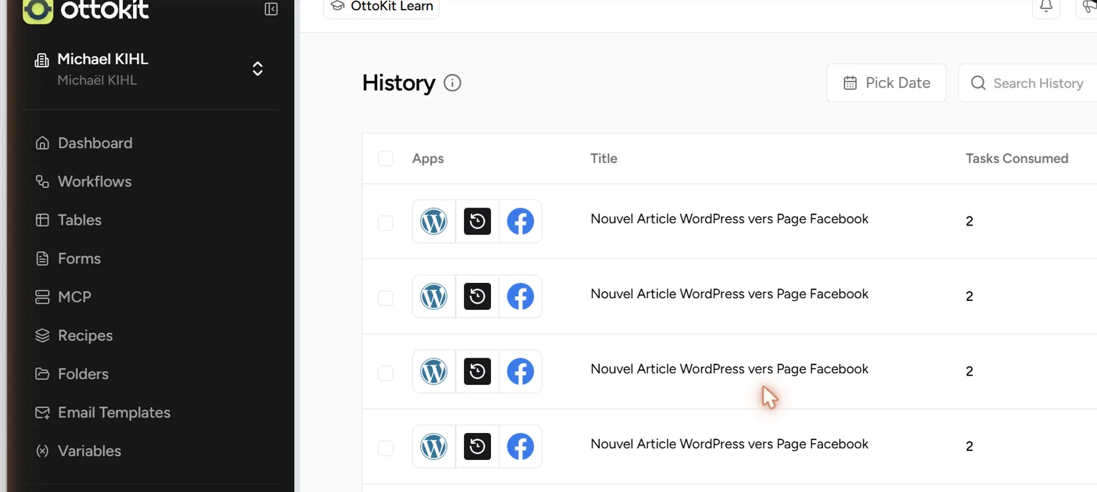 ottokit historique Historique d'exécution OttoKit listant les workflows lancés, leur titre et le nombre de tâches consommées par exécution