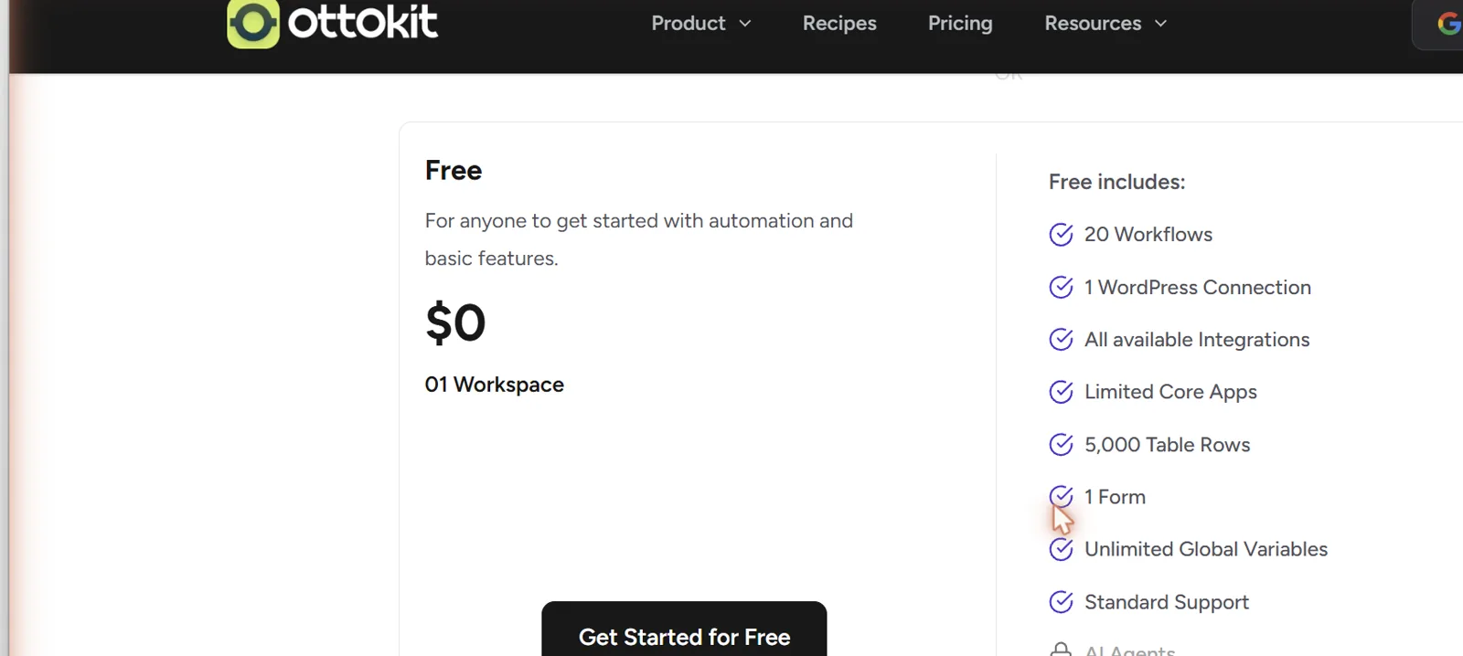 ottokit plan gratuit details Détail du plan gratuit OttoKit à 0 dollar avec 20 workflows, 1 connexion WordPress, toutes les intégrations et un support standard