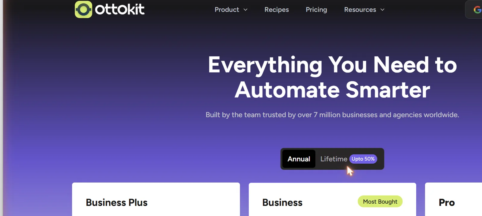 ottokit tarifs plans payants Page tarifs OttoKit avec les plans payants Pro, Business et Business Plus et le sélecteur de facturation annuelle ou à vie