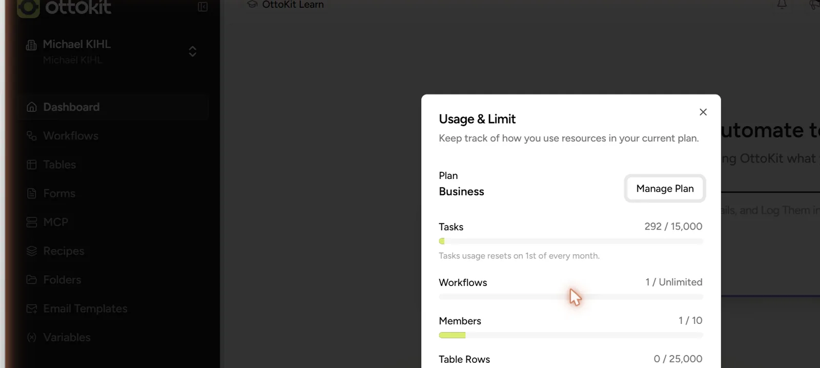 ottokit usage limites taches Panneau Usage et Limit d'OttoKit affichant la consommation de tâches, de workflows et de membres pour le plan en cours
