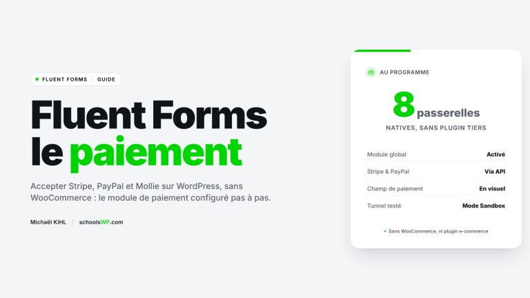 Visuel schoolsWP paiement Fluent Forms : configurer Stripe, PayPal et Mollie sur WordPress sans WooCommerce.