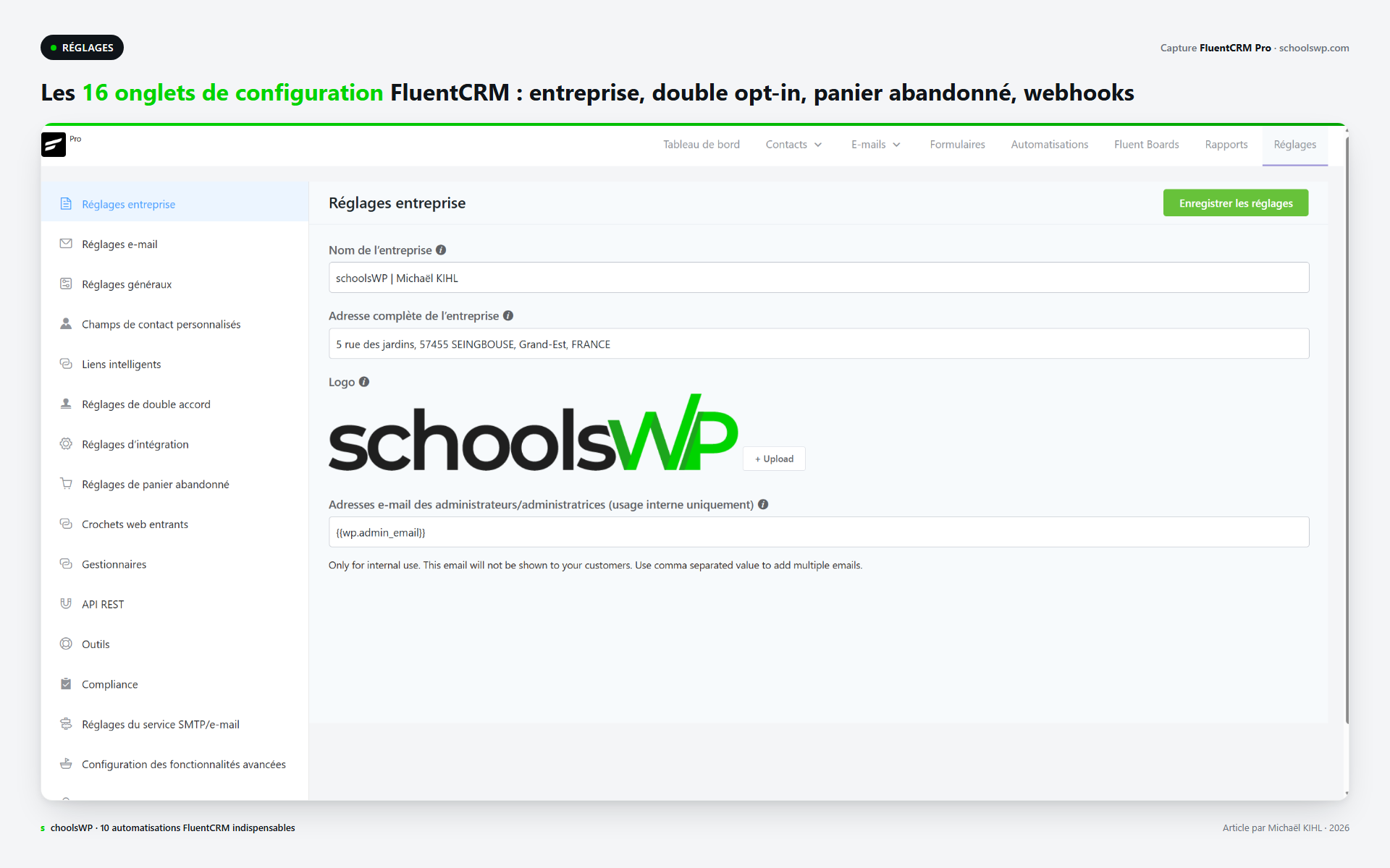 Page Reglages FluentCRM avec 16 onglets : entreprise, double opt-in, panier abandonne, webhooks, REST API, SMTP, RGPD