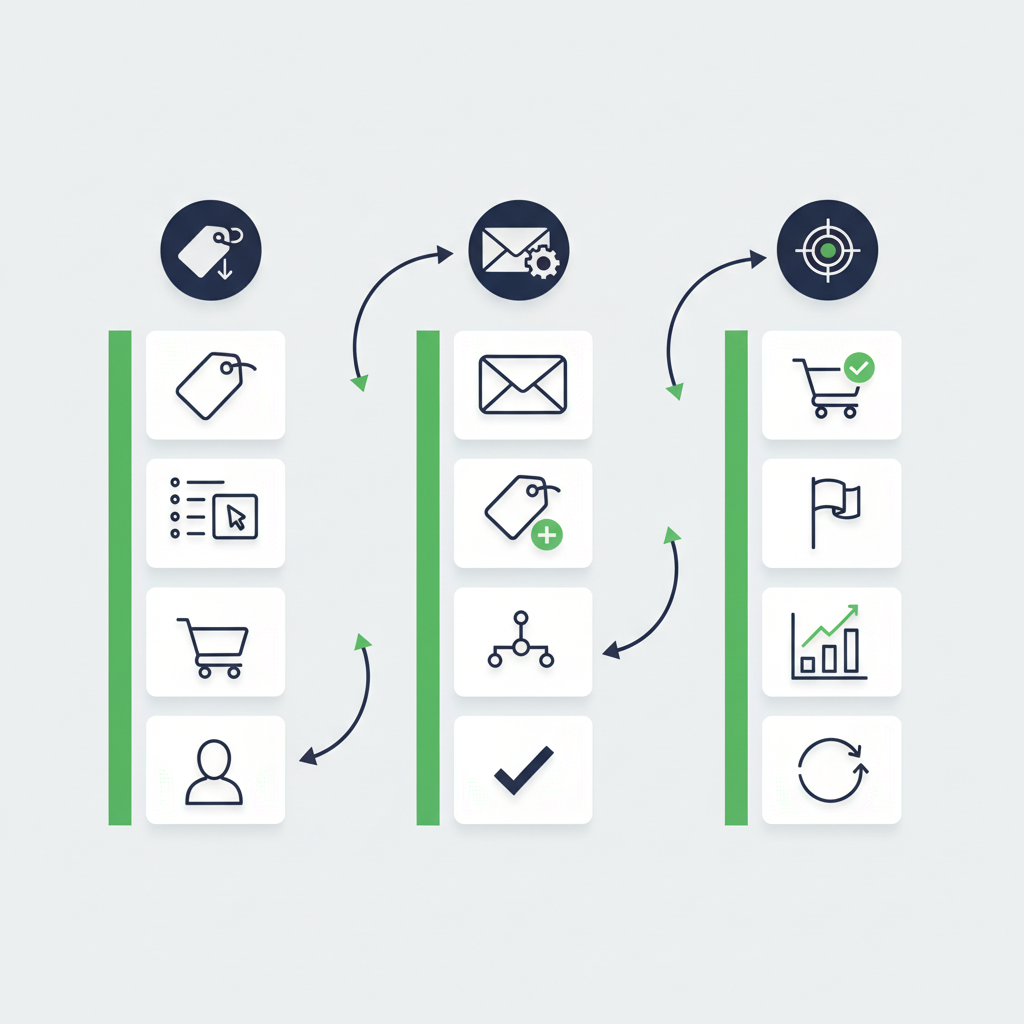 Schema pedagogique des 3 categories de blocs FluentCRM : Triggers, Actions et Benchmarks pour construire une automation