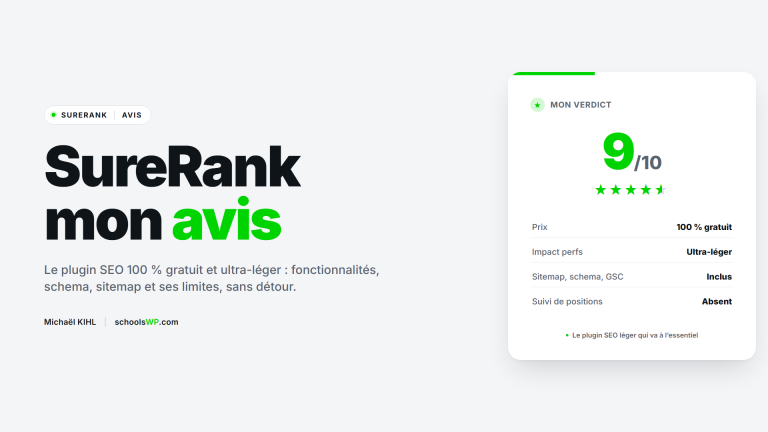 Avis SureRank schoolsWP, plugin SEO WordPress gratuit et léger, verdict 9 sur 10