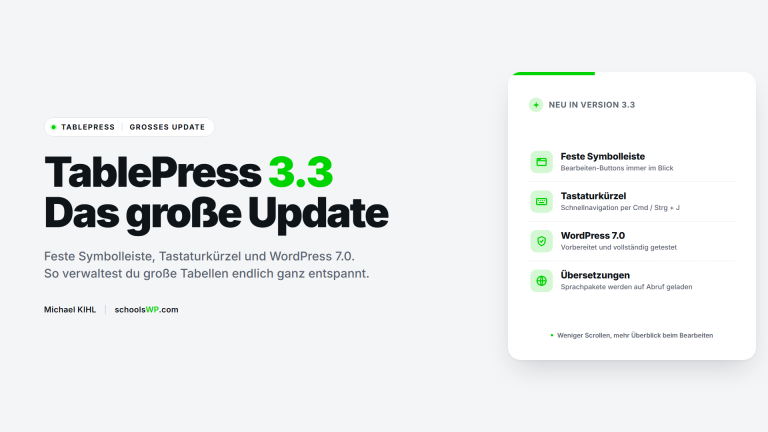 TablePress 3.3 - das große WordPress-Update: feste Symbolleiste, Tastaturkürzel, WordPress-7.0-Bereitschaft und Übersetzungen auf Abruf. schoolsWP Cover.