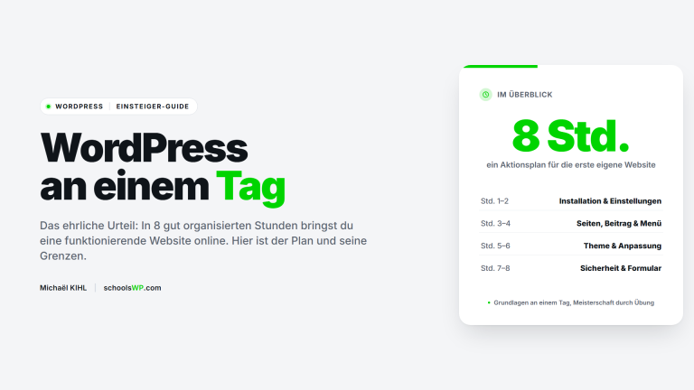 schoolsWP-Leitfaden, um WordPress an einem Tag zu lernen, 8-Stunden-Aktionsplan für Einsteiger
