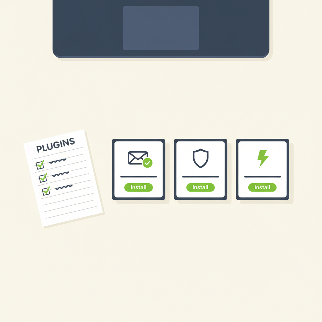 WordPress plugin installer showing essential plugins like contact form, security and cache with green install buttons