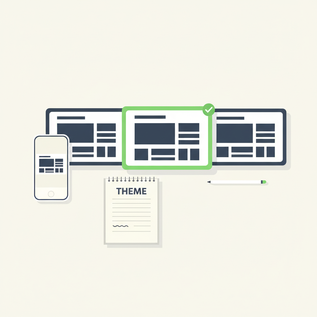 WordPress theme installer showing three theme thumbnails with the center one selected, like Kadence theme selection