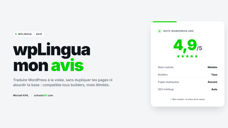 Visuel schoolsWP wpLingua avis : plugin de traduction WordPress à la volée, mots illimités, compatible tous builders, noté 4,9 sur 5 sur WordPress.org.