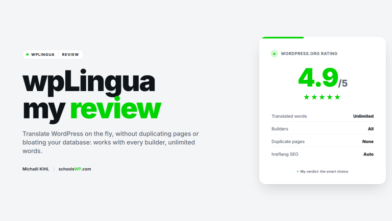 schoolsWP visual wpLingua review: on-the-fly WordPress translation plugin, unlimited words, works with every builder, rated 4.9 out of 5 on WordPress.org.