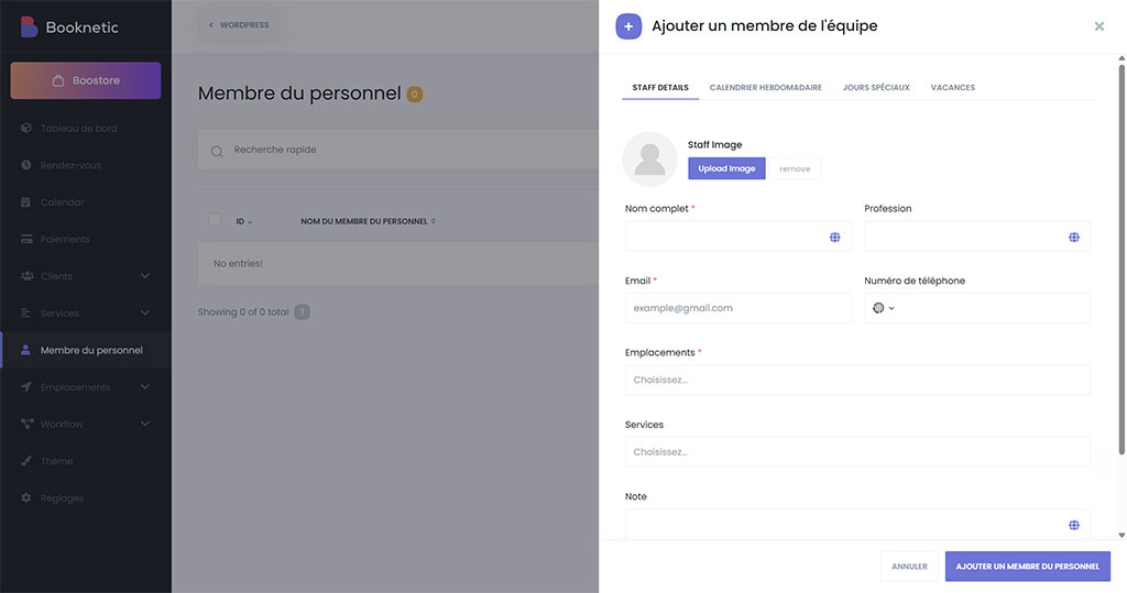 booknetic gestion equipe services Formulaire d'ajout d'un membre du personnel dans Booknetic avec profession, emplacements, services et calendrier hebdomadaire