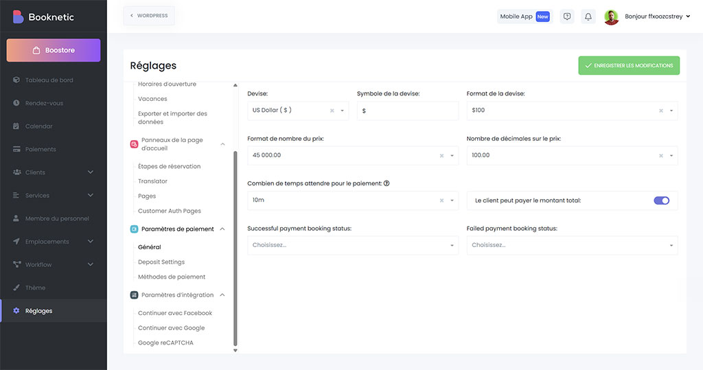 booknetic parametres paiement Paramètres de paiement de Booknetic dans WordPress : devise, format des prix et statuts de réservation selon l'encaissement
