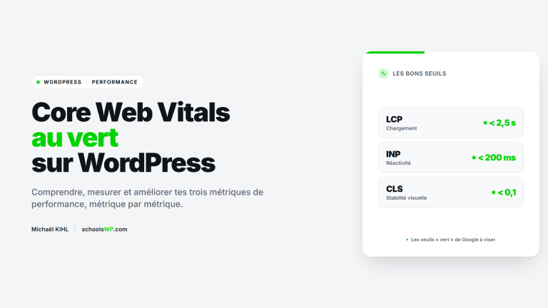 Core Web Vitals WordPress, les bons seuils Google a viser : LCP inferieur a 2,5 s, INP inferieur a 200 ms et CLS inferieur a 0,1