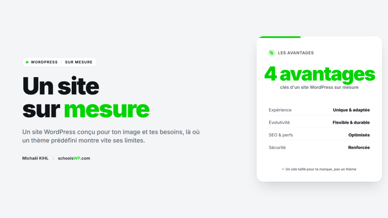Création de site WordPress sur mesure : expérience unique, évolutivité, SEO et perfs optimisés, sécurité renforcée