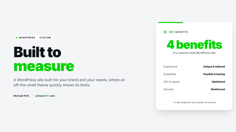 Custom-built WordPress website: unique experience, scalability, optimized SEO and speed, reinforced security