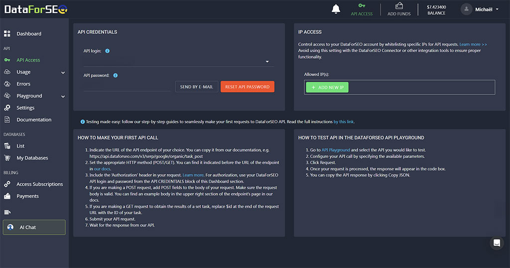 API Explorer de DataForSEO permettant de tester une requête SERP en direct, de choisir la localisation et de lire la réponse JSON, testé par schoolsWP