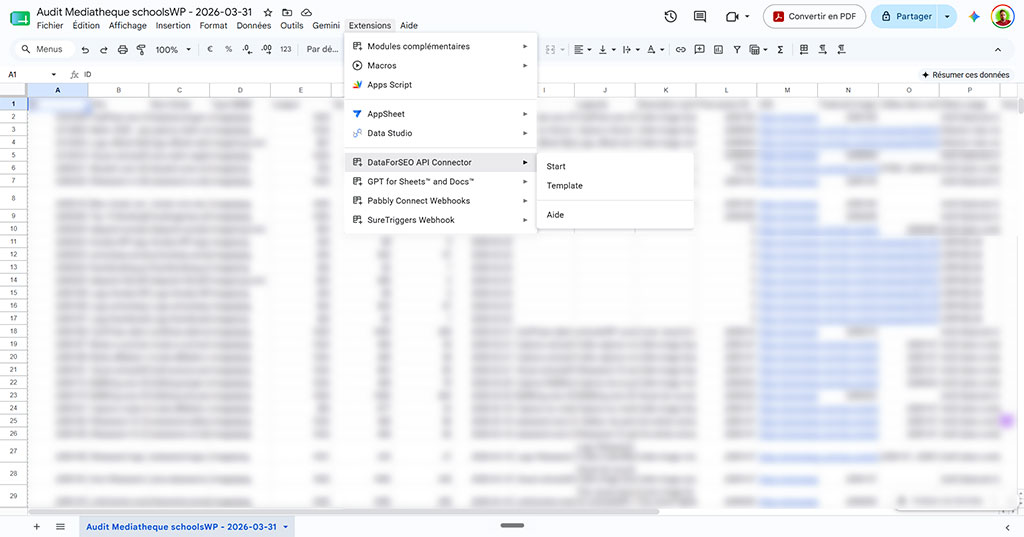 Intégration DataForSEO dans Google Sheets important volumes de recherche, CPC et données SERP sans écrire de code, testée par schoolsWP