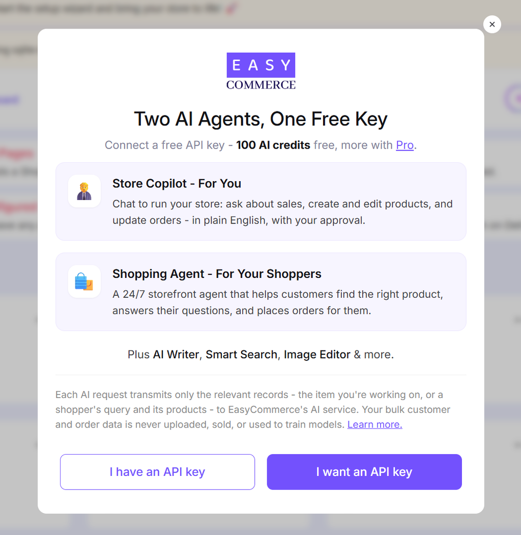 EasyCommerce : les deux agents IA, Store Copilot pour l'admin et Shopping Agent pour les clients, avec 100 crédits IA gratuits