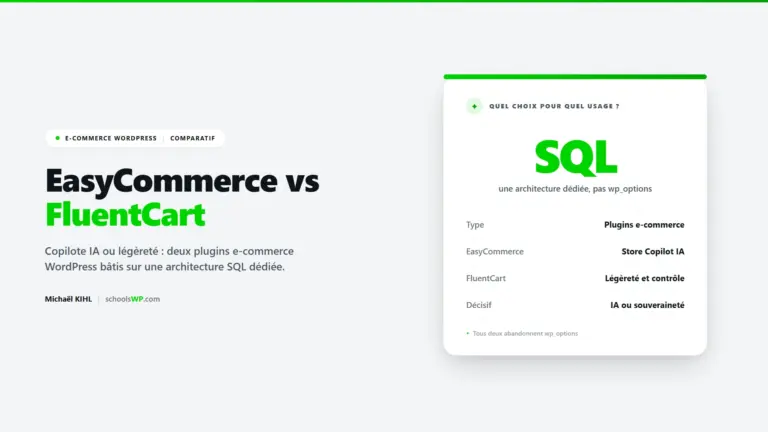 EasyCommerce vs FluentCart - le comparatif schoolsWP de deux plugins e-commerce WordPress sur une architecture SQL dédiée