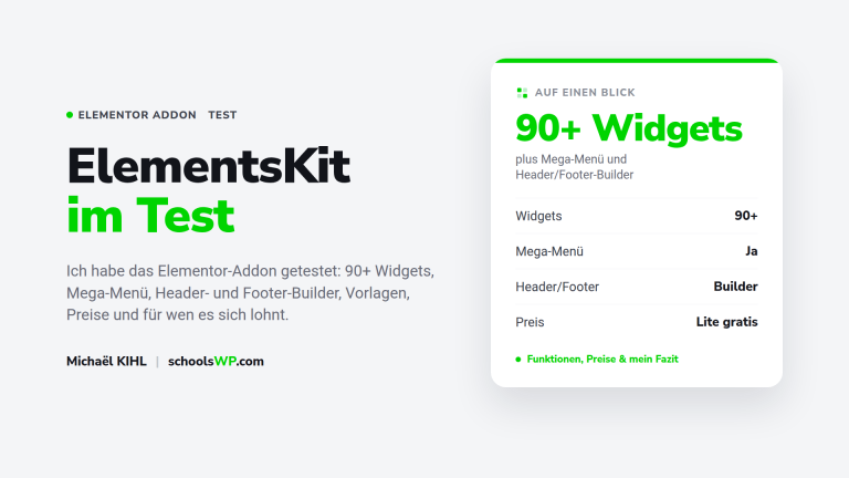 ElementsKit im Test von schoolsWP: das Elementor-Addon für WordPress mit 90+ Widgets, Mega-Menü, Header- und Footer-Builder